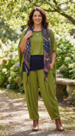 OLIVEGREEN TOP MET LIA BROEK HEMD EN SJAAL
